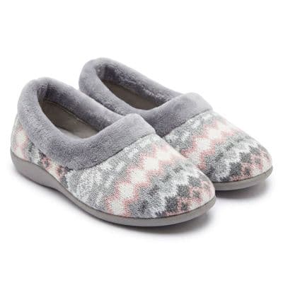 JANINE Ladies Full Fur Cuff Knitted Textile Slippers GREY