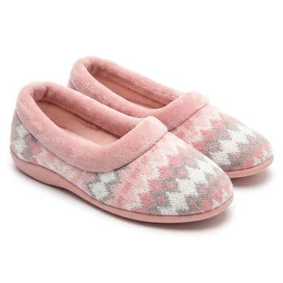 JANINE Ladies Full Fur Cuff Knitted Textile Slippers PINK
