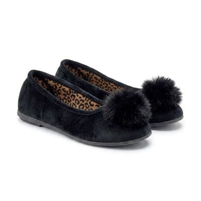 JULIE Ladies  Ballerina  Slippers with Pompom  &Rubber Sole  BLACK