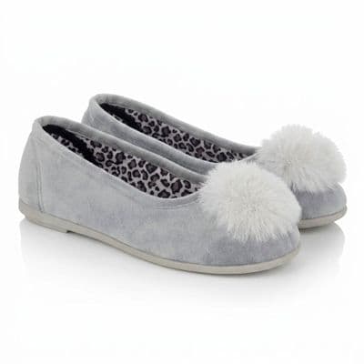 JULIE Ladies  Ballerina  Slippers with Pompom  &Rubber Sole  GREY