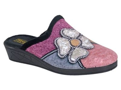 KIMBERLY' Ladies  Flower Trim Wedge Heel Mule  Slippers  BLACK MULTI