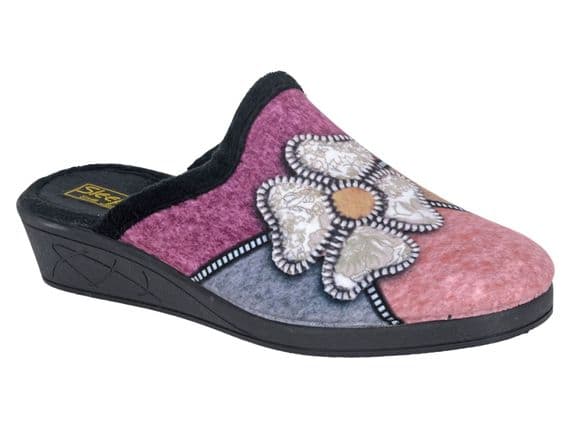 KIMBERLY' Ladies  Flower Trim Wedge Heel Mule  Slippers  BLACK MULTI