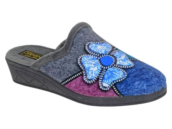 KIMBERLY' Ladies  Flower Trim Wedge Heel Mule  Slippers  GREY MULTI