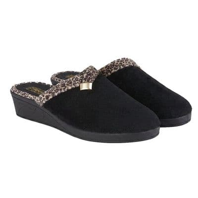 L709 Ladies 'JACKIE'  Velour Wedge Heel Mule  Slippers  BLACK/Ocelot