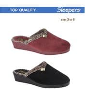 L709 Ladies 'JACKIE'  Velour Wedge Heel Mule  Slippers  BLACK/Ocelot