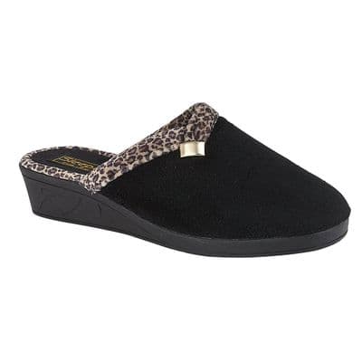 L709 Ladies 'JACKIE'  Velour Wedge Heel Mule  Slippers  BLACK/Ocelot