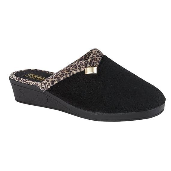 L709 Ladies 'JACKIE'  Velour Wedge Heel Mule  Slippers  BLACK/Ocelot