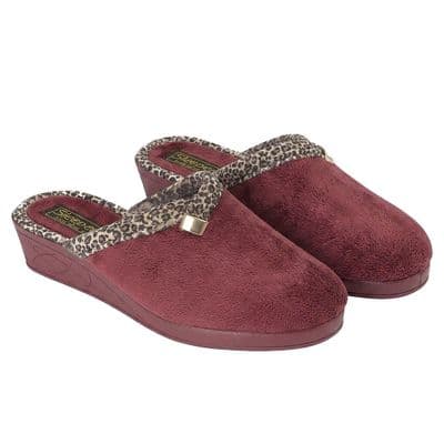 L709 Ladies 'JACKIE'  Velour Wedge Heel Mule  Slippers  BURGUNDY
