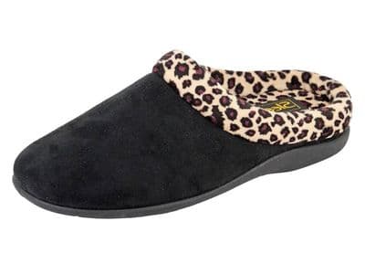 L828 Ladies 'CARMEN'  Velour Mule  Slippers  BLACK/Ocelot