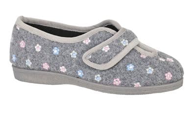 MATILDA Ladies Touch Fastening Floral Embroidered Slippers GREY FLORAL