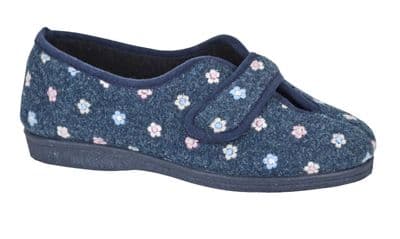 MATILDA Ladies Touch Fastening Floral Embroidered Slippers NAVY FLORAL