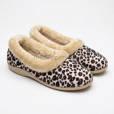 PENNY Ladies Full Fur Cuff  Velour Slippers OCELOT