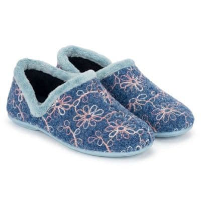 SARA Ladies Flower Motif Knitted Textile Full Slippers BLUE