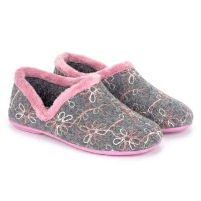 SARA Ladies Flower Motif Knitted Textile Full Slippers GREY / PINK