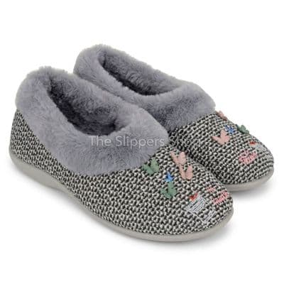 TESSA Ladies Full Fur Cuff Butterflies Motif Slippers GREY