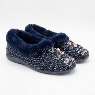 TESSA Ladies Full Fur Cuff Butterflies Motif Slippers NAVY