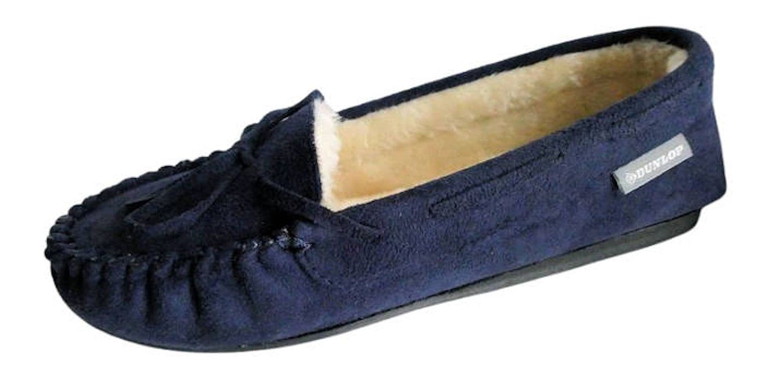 Dunlop BETH Ladies Moccasin Slippers with Rubber Sole NAVY Navy, UK