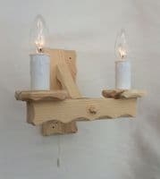 Rustic 2-Light Natural Pine Wooden Wall Light & Pull Switch | Tradwoodlights