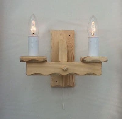 Hand Made Natural Pine Rustic Wooden 2-Light Wall Light with Pull Switch
