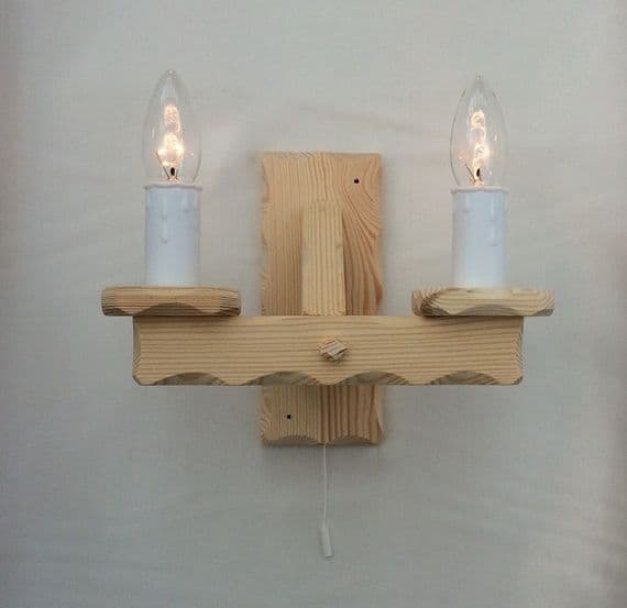 Rustic 2-Light Natural Pine Wooden Wall Light & Pull Switch | Tradwoodlights