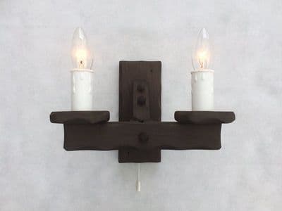 Hand Made Rustic 2-Light Wooden Wall Light with Pull Switch