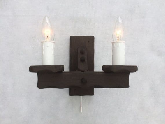 Rustic 2-Light Wooden Wall Light & Pull Switch | Tradwoodlights