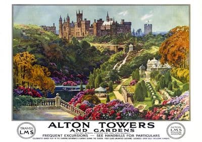 Alton Towers & Garden, Staffordshire. LMS Vintage Travel Poster by E W Haslehust