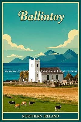 Ballintoy, North coast of Northern Ireland.  Irish Vintage Inspired Poster