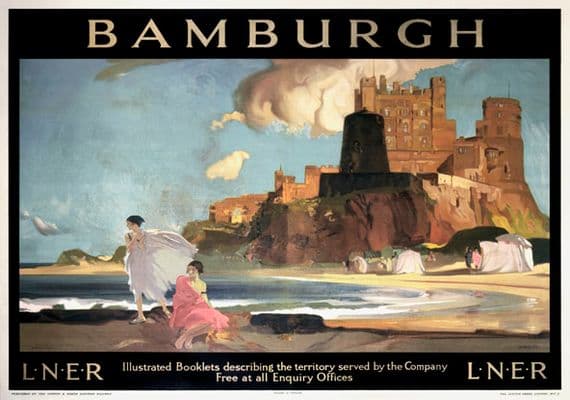 Bamburgh Castle, Northumberland. LNER Vintage Railway Travel poster by William Russell Flint. 1925