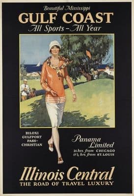 Beautiful Mississippi Gulf Coast, Illinois Central. Vintage American Travel Poster.