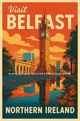 Belfast, Albert Clock, Custom House Square County Antrim, Northern Ireland.  Vintage Inspired Poster