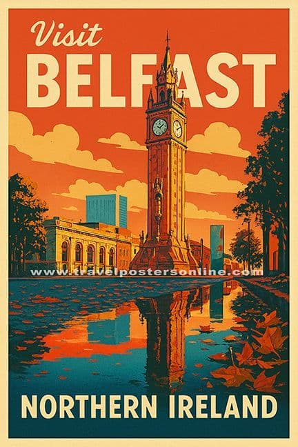 Belfast, Albert Clock, Custom House Square County Antrim, Northern Ireland.  Vintage Inspired Poster