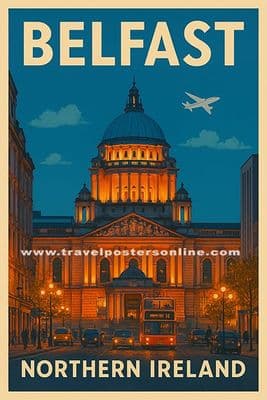 Belfast, City Hall, Royal Avenue, Ireland. Northern Irish Vintage Inspired Poster