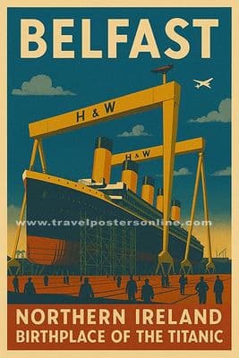 Belfast, Harland & Wolff Cranes, Titanic, Ireland. Northern Irish Vintage Inspired Poster