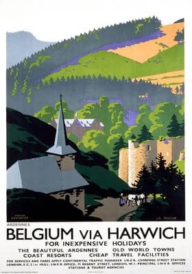 Belgium via Harwich, Ardennes. Vintage LNER Travel Poster by Frank Newbould