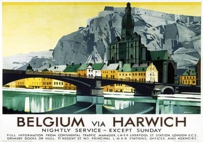 Belgium via Harwich. LNER Vintage Travel Poster print, 1923-1947