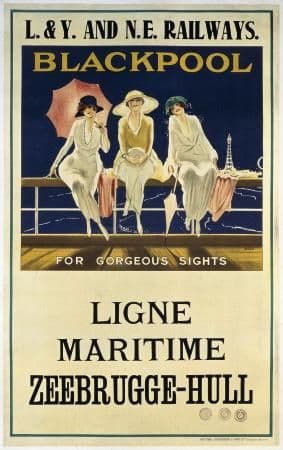Blackpool, English Vintage Travel Poster by L&Y and N.E. railways, Ligne Maritime, Zeebrugge- Hull