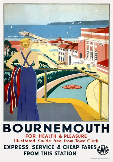 Bournemouth, Dorset. For Health & Pleasure. GWR Vintage Travel Poster by G D Tidmarsh