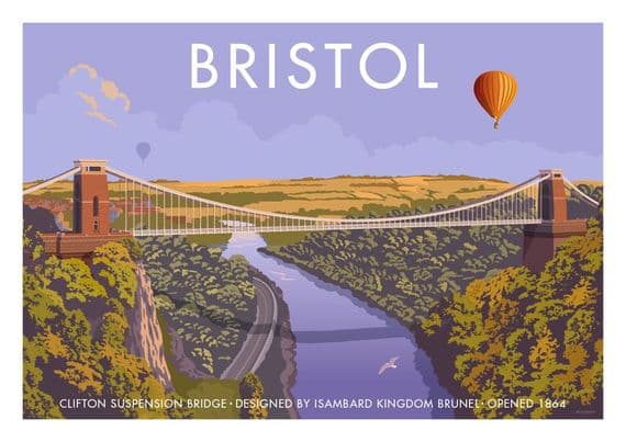 Bristol, Clifton Suspension Bridge  Isambard Kingdom Brunel 1864. Vintage inspired poster
