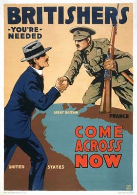 Britishers, you're needed--Come across now / Lloyd Myers.  World War One British Poster