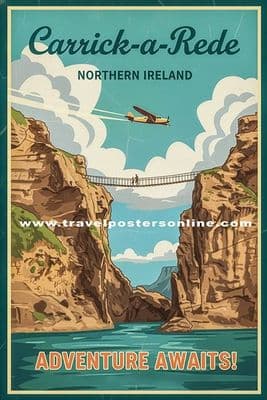 Carrick a rede rope bridge, North Coast, Northern Ireland.  Retro/vintage Inspired travel Poster
