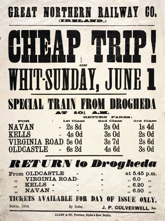 Cheap Trip Whit Sunday.  Irish Railway Art Timetable Poster, Drogheda Ireland.  Great Northern Railway Company