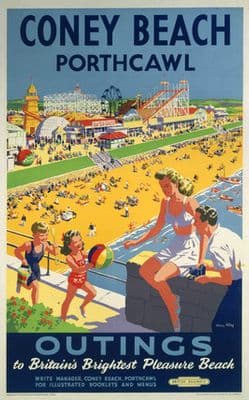 Coney Beach, Porthcawl, Wales.  Vintage Welsh Railway Travel Poster Print by British Railways