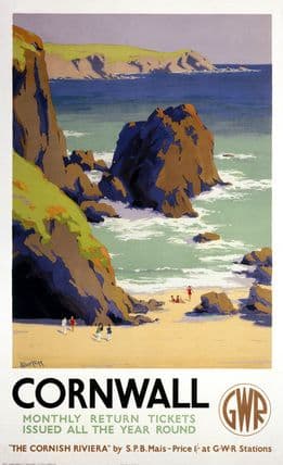 Cornwall, England. Vintage Great Western Railway (GWR) Travel Poster by Leonard Cusden. 1937