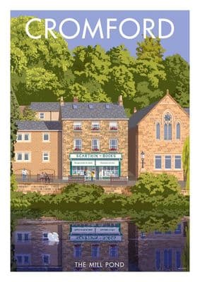 Cromford, The Mill Pond, Scarthin  Books, Derbyshire. English Vintage inspired poster by Millership