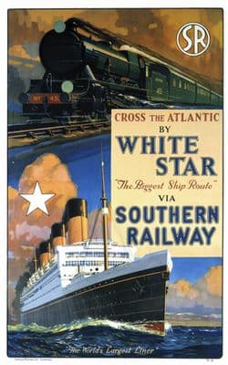 Cross the Atlantic by White Star via Southern Railway Travel Poster Print.  
