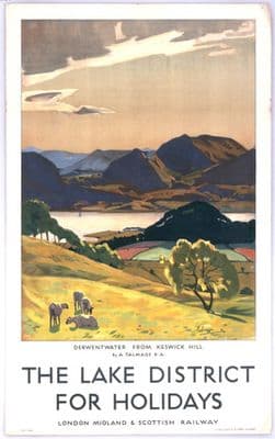 Derwentwater from Keswick Hill, Lake District, Cumbria. Vintage LMS Travel poster by Algernon M Talmage