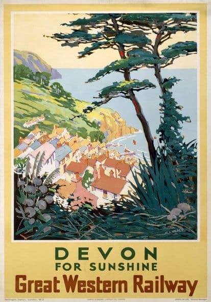 Devon for Sunshine, Vintage Great Western Railway Travel Poster by S I Veale