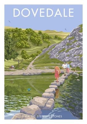Dovedale, Peak District , Derbyshire via the stepping stones. English Vintage inspired travel poster