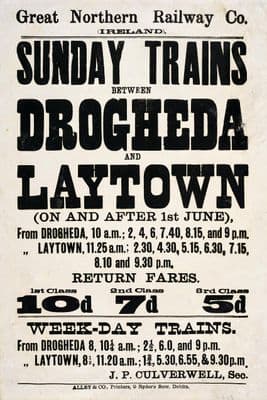 Drogheda & Laytown Irish Railway Train Timetable Poster Ireland.  By Great Northern Railway